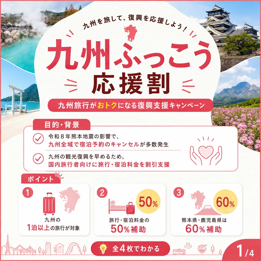 九州ふっこう応援割の概要。九州の1泊以上の旅行が対象、旅行・宿泊料金の50%補助、熊本県・鹿児島県は60%補助