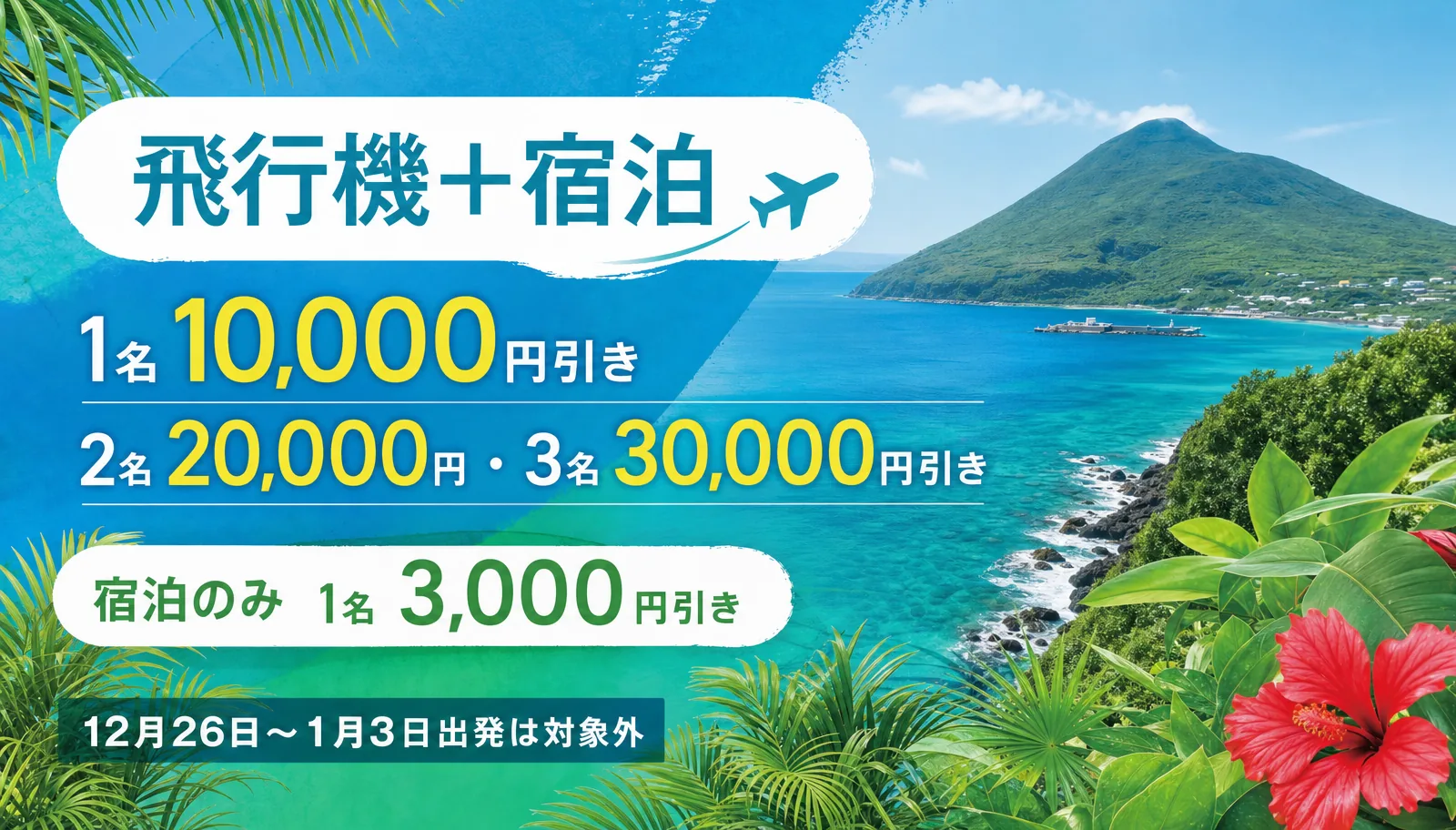 ANAの八丈島クーポン。飛行機+宿泊は1名10,000円・2名20,000円・3名30,000円引き、宿泊のみは1名3,000円引き。12月26日〜1月3日出発は対象外