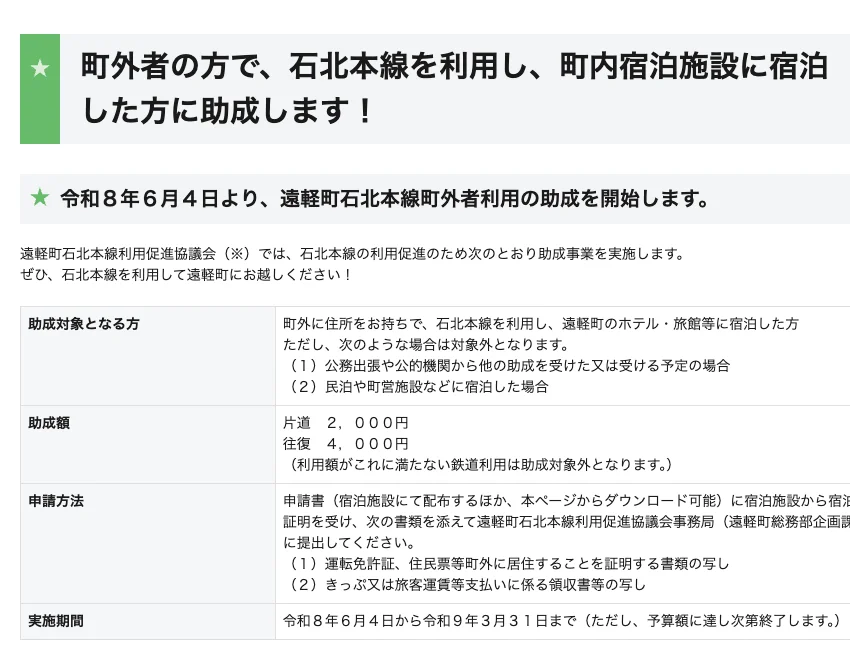 遠軽町石北本線町外者利用助成金の案内。片道2,000円・往復4,000円を助成(遠軽町公式サイトより)