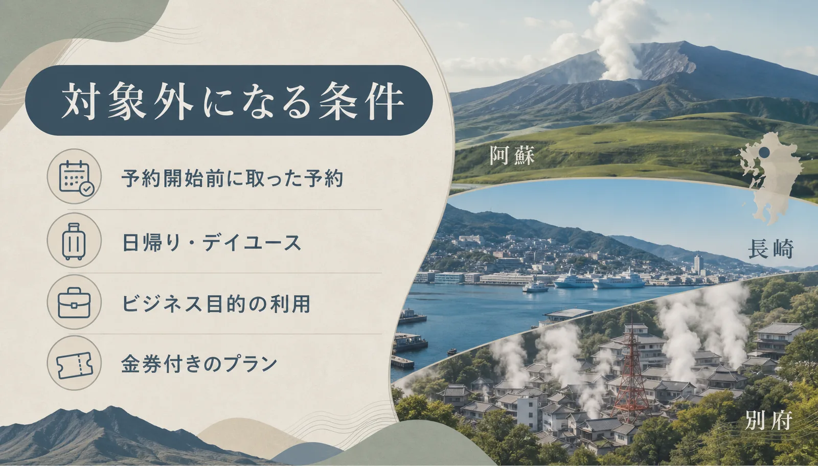 九州ふっこう応援割の対象外条件。予約開始前の予約、日帰り、ビジネス利用、金券付きプラン