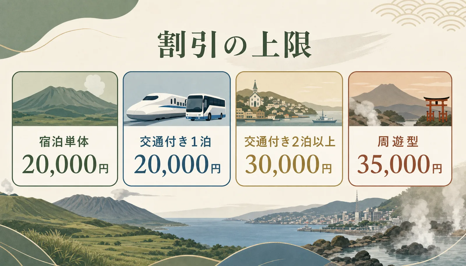 九州ふっこう応援割の上限額。宿泊単体2万円、交通付き2泊以上3万円、周遊型3.5万円