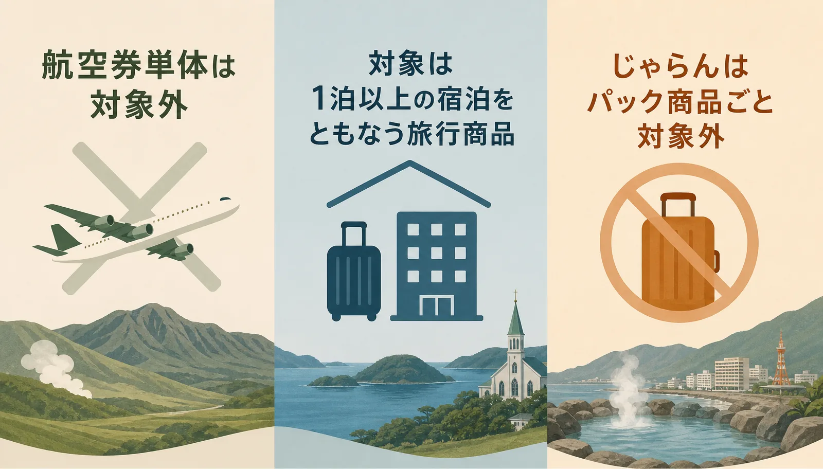 九州ふっこう応援割は航空券単体では使えず、1泊以上の宿泊をともなう旅行商品が対象