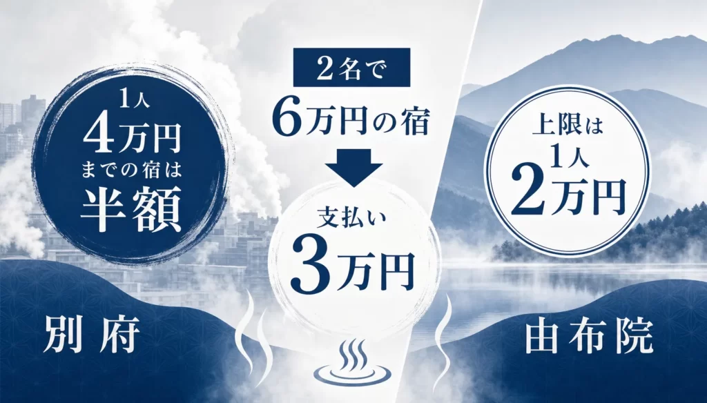 1人4万円までの宿は半額。2名で6万円の宿は支払い3万円。上限は1人2万円