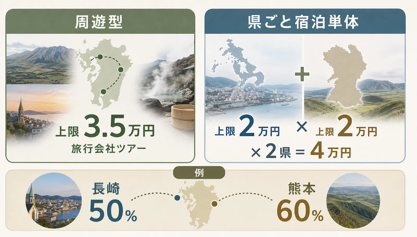 周遊型は上限3.5万円の旅行会社ツアー、県ごと宿泊単体は上限2万円×2県=4万円。長崎50%+熊本60%の例
