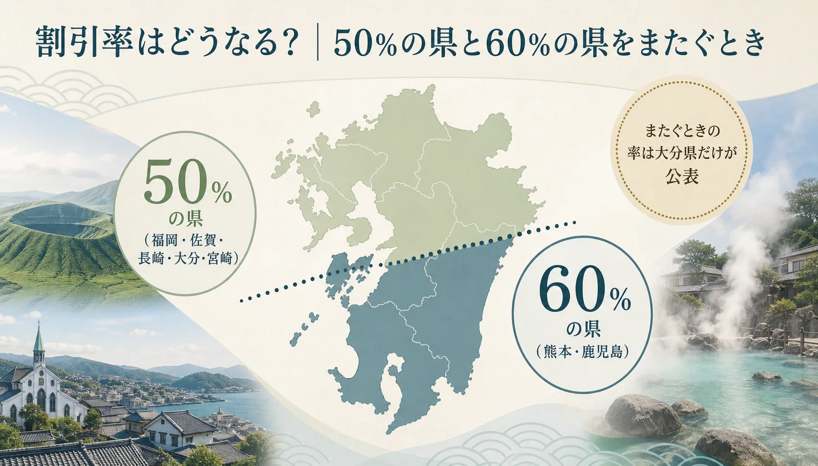 50%の県は福岡・佐賀・長崎・大分・宮崎、60%の県は熊本・鹿児島。またぐときの率は大分県だけが公表