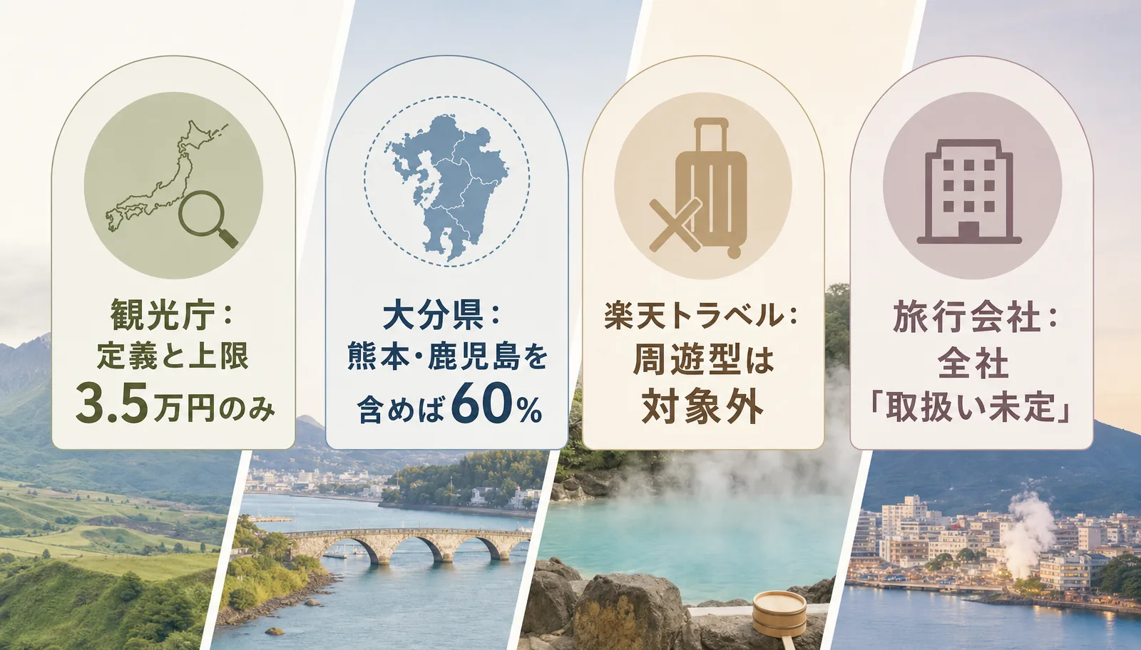 観光庁は定義と上限3.5万円のみ、大分県は熊本・鹿児島を含めば60%、楽天トラベルは周遊型対象外、旅行会社は全社取扱い未定