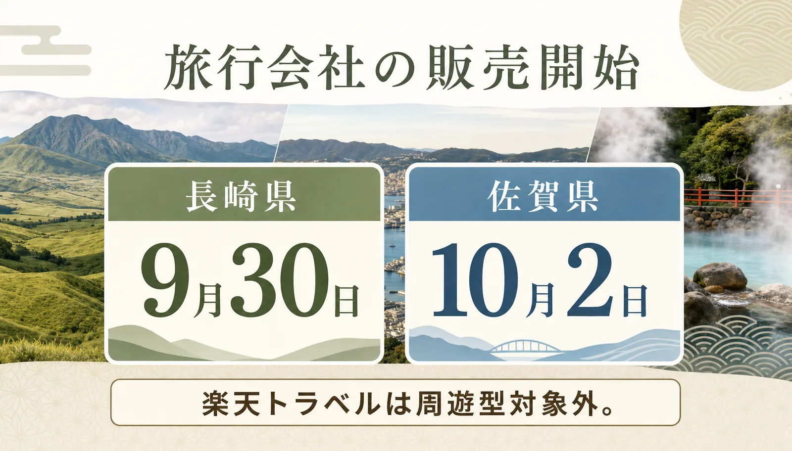 旅行会社の販売開始は長崎県9月30日、佐賀県10月2日。楽天トラベルは周遊型対象外
