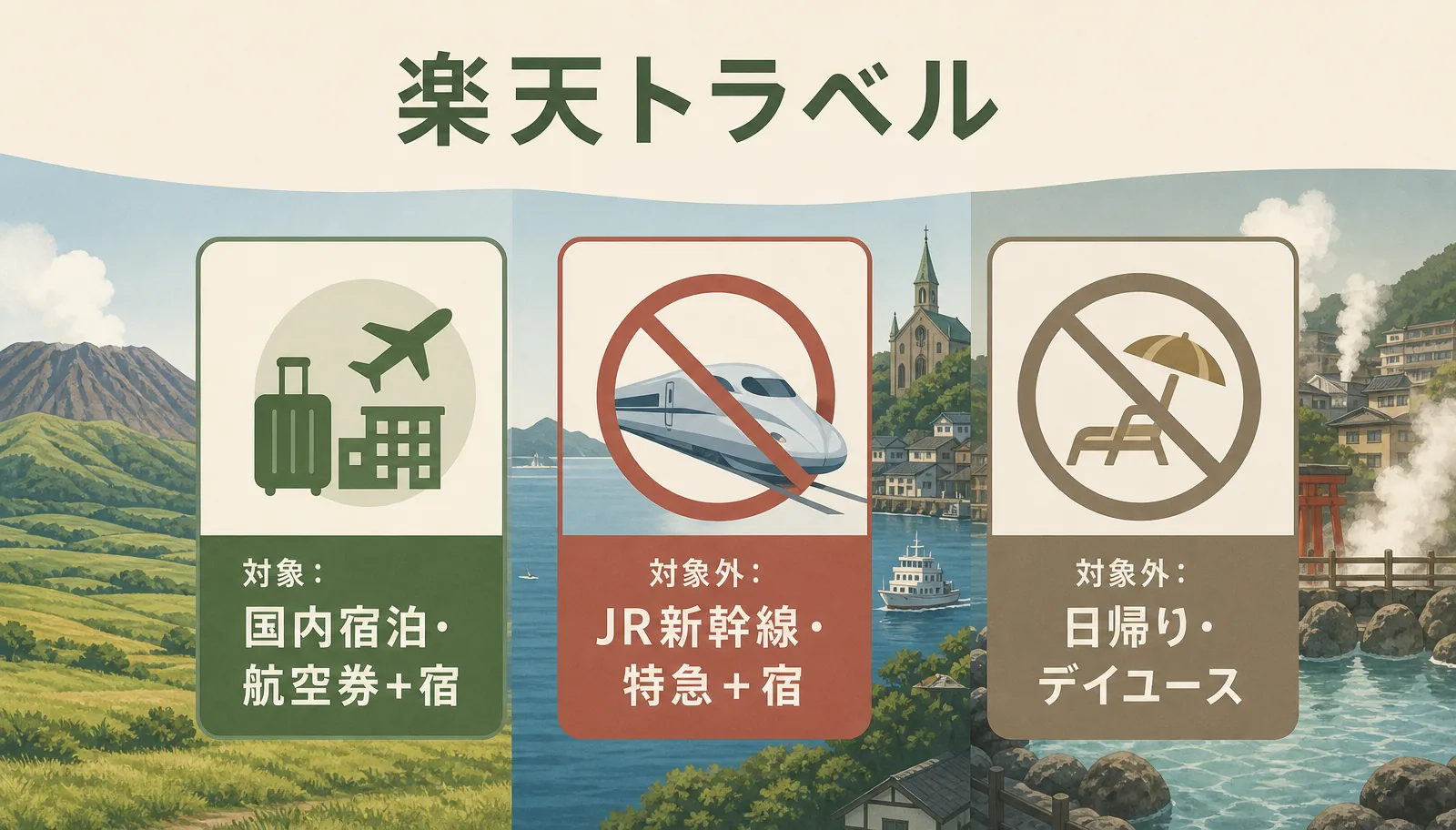 楽天トラベルの九州ふっこう応援割はJR新幹線・特急+宿が対象外、航空券+宿は対象
