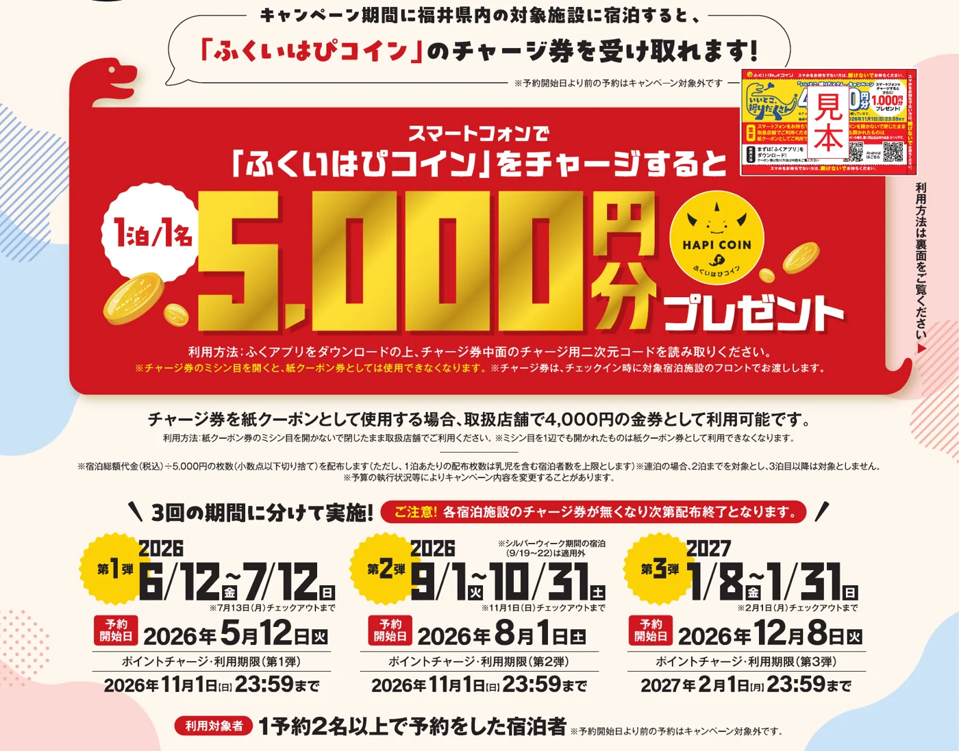 福井県の宿泊キャンペーン「いいとこ、掘りだくさん。」のチラシ。1泊1名5,000円分のふくいはぴコインをプレゼント。第1弾6月12日から7月12日、第2弾9月1日から10月31日、第3弾2027年1月8日から1月31日(予約開始12月8日)。1予約2名以上が対象