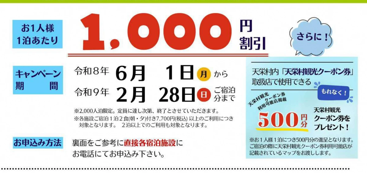 天栄村泊まって得とくキャンペーンのチラシ。1人1泊1,000円割引と観光クーポン券500円分