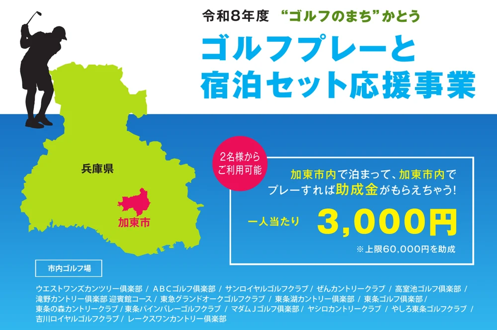 令和8年度 ゴルフのまちかとう ゴルフプレーと宿泊セット応援事業。一人当たり3,000円