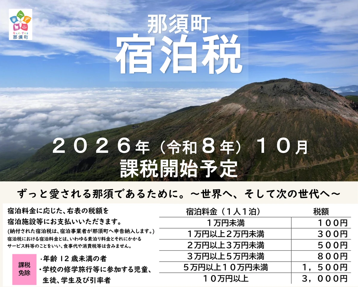 那須町の宿泊税のチラシ。2026年10月から課税開始、宿泊料金1人1泊1万円未満100円から10万円以上3,000円まで